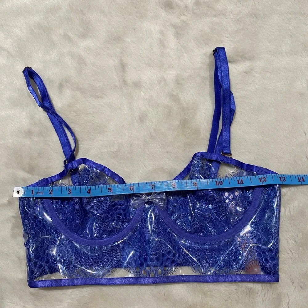 (XS) Savage x Fenty Lace & Vinyl Bustier Bra Extra Small Clear Metallic Blue - Picture 4 of 14